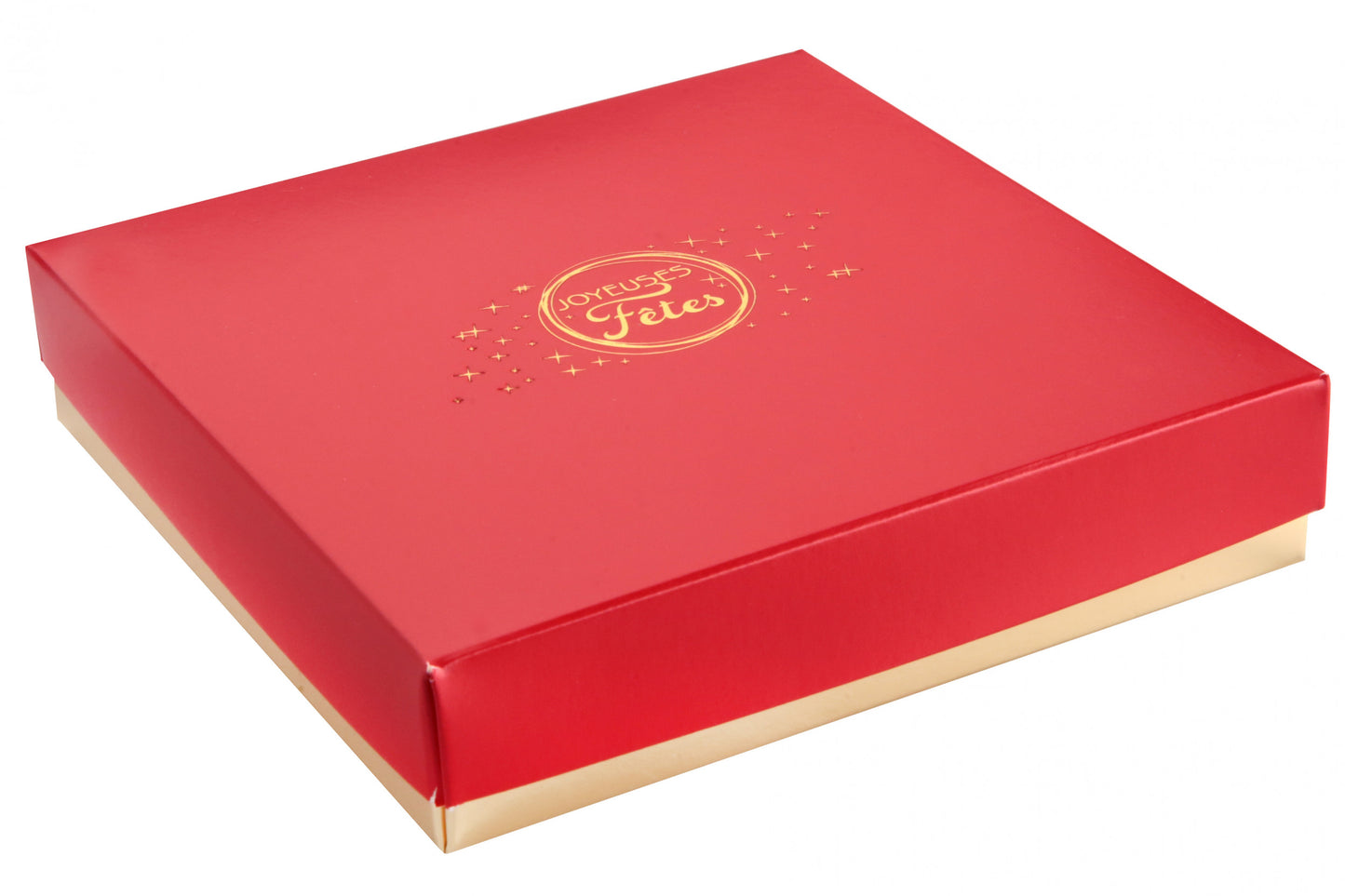 Boîte carrée Joyeuses Fêtes étoilée / avec coussinet et réhausseur - 25 pièces