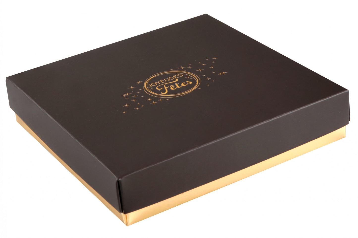 Boîte carrée Joyeuses Fêtes étoilée / avec coussinet et réhausseur - 25 pièces